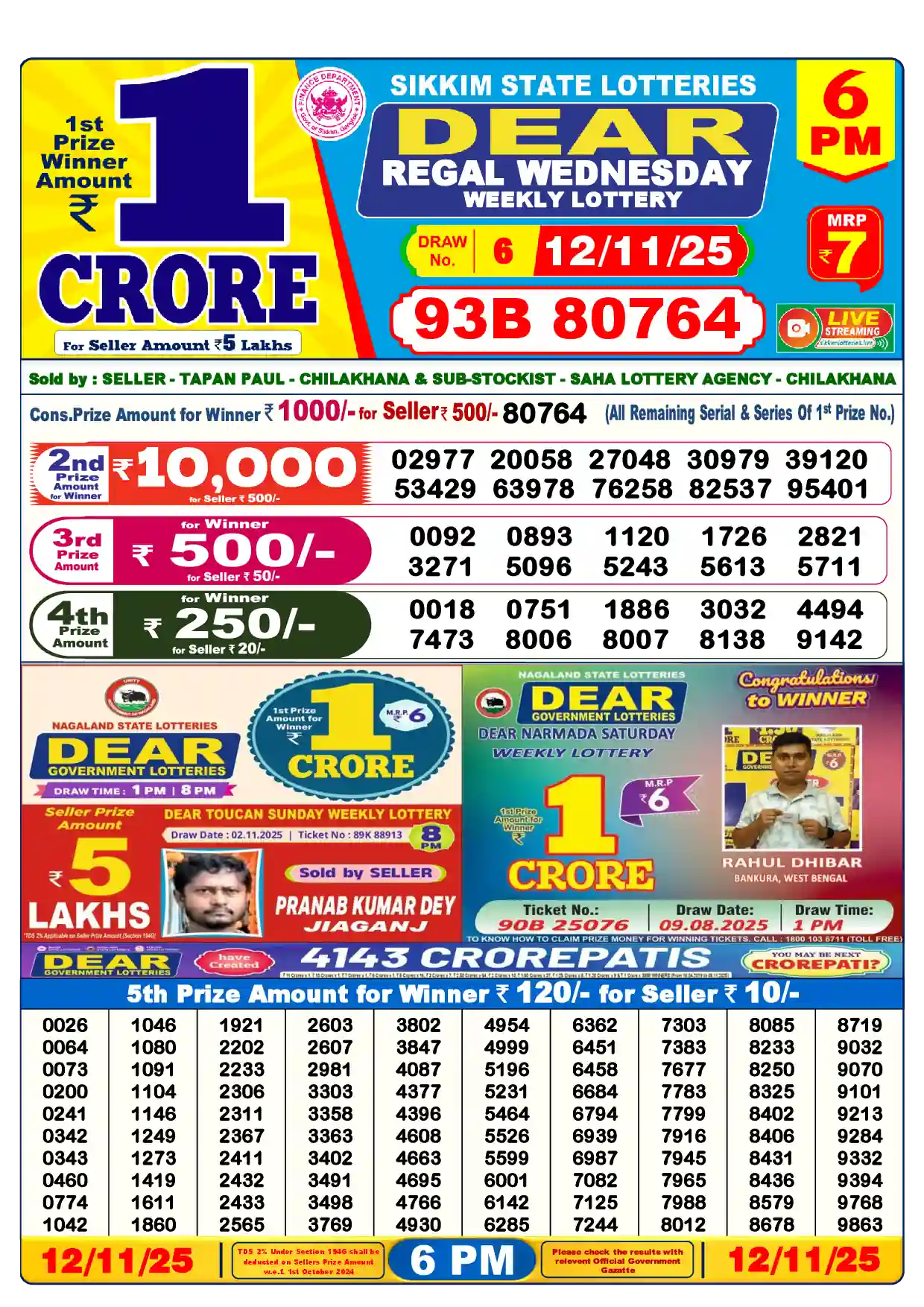 Sikkim State Dear Regal Wednesday lottery result 12.11.2025