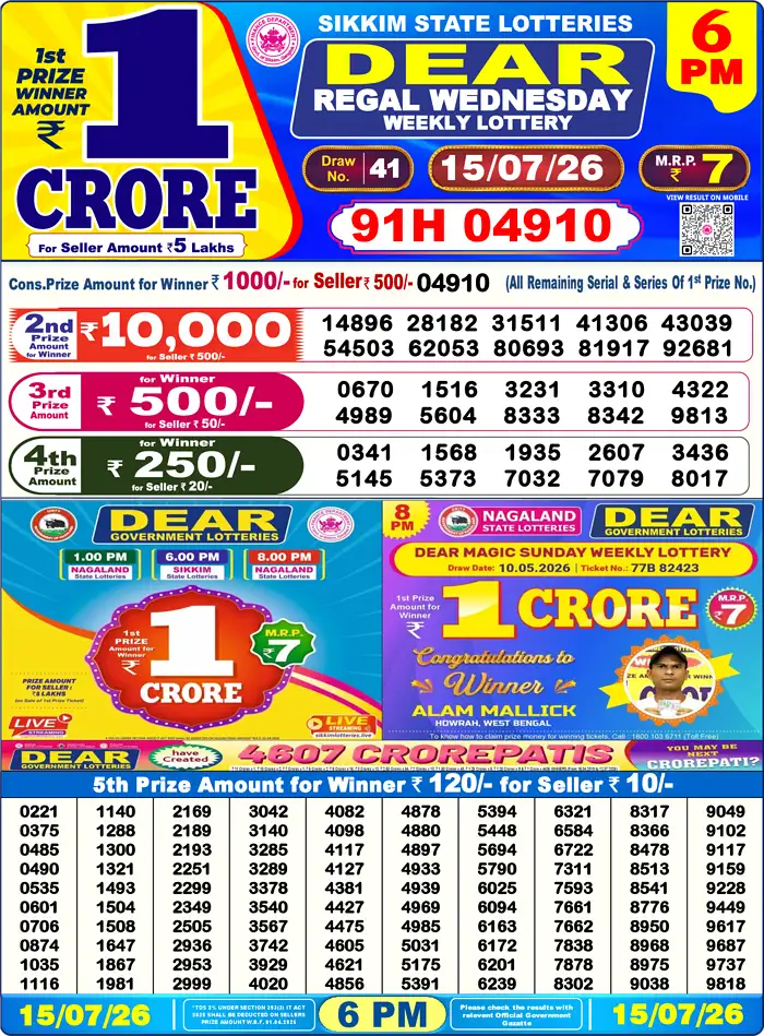 Sikkim State Dear Regal Wednesday lottery result 15.07.2026