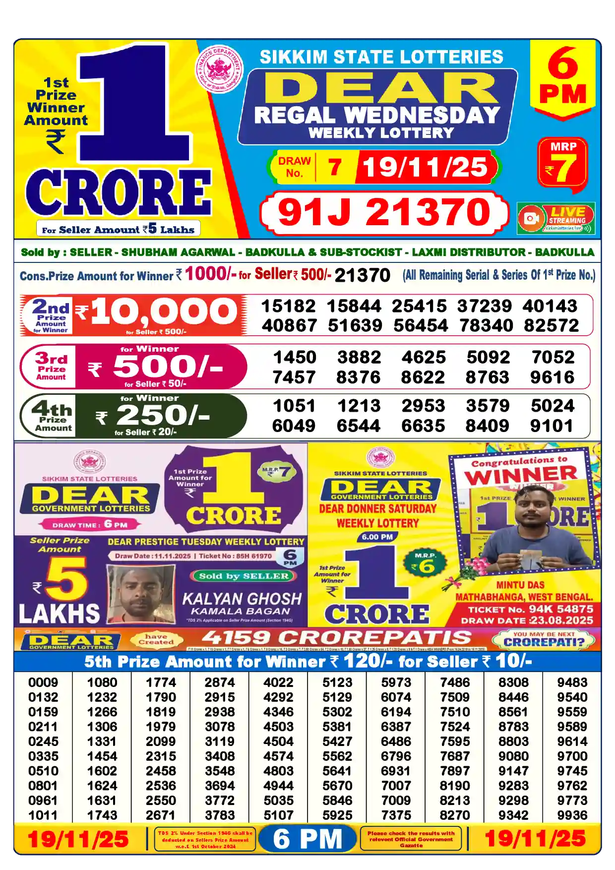 Sikkim State Dear Regal Wednesday lottery result 19.11.2025
