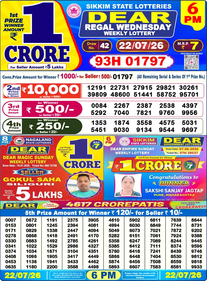 Sikkim State Dear Regal Wednesday lottery result 22.07.2026