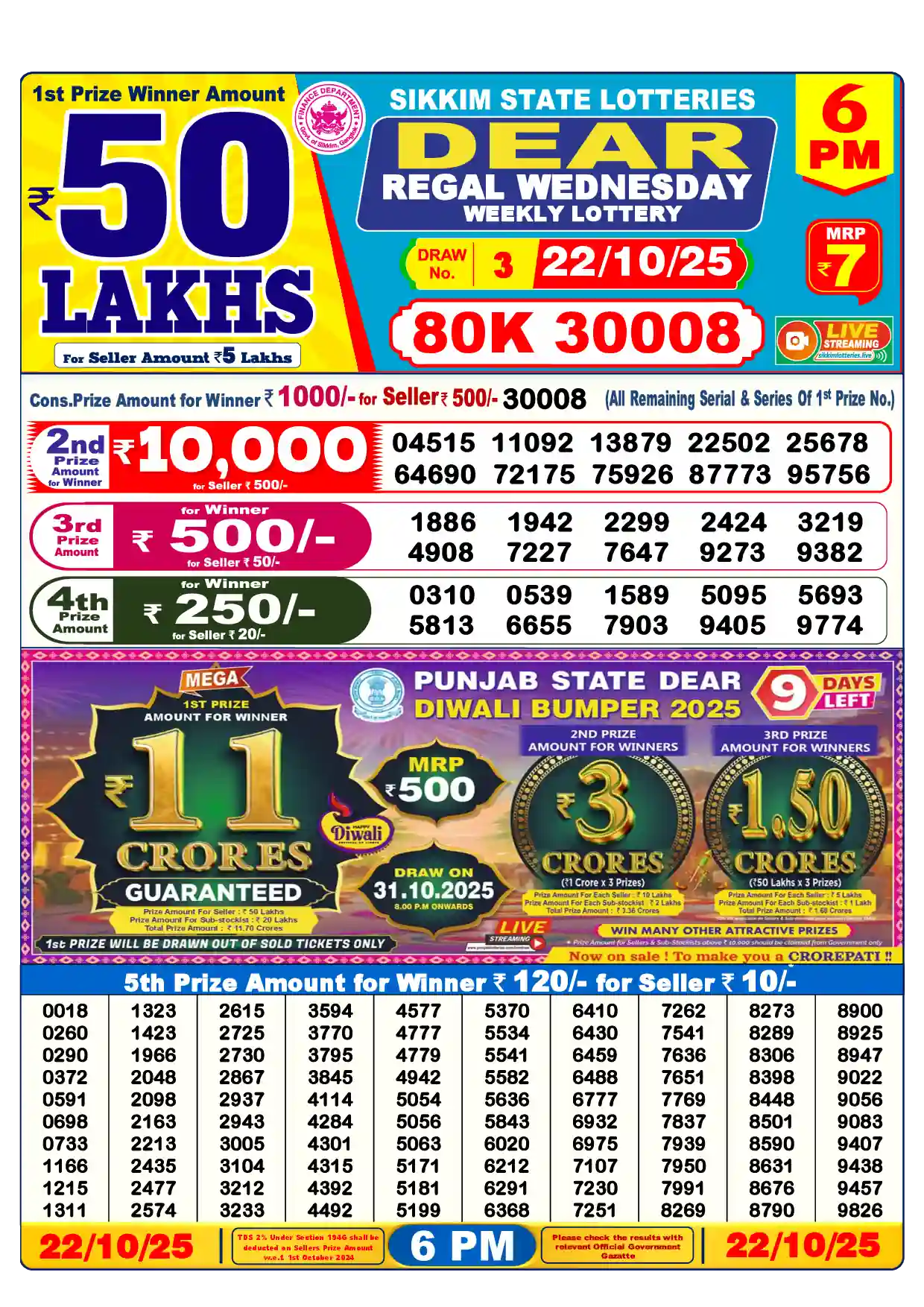 Sikkim State Dear Regal Wednesday lottery result 22.10.2025