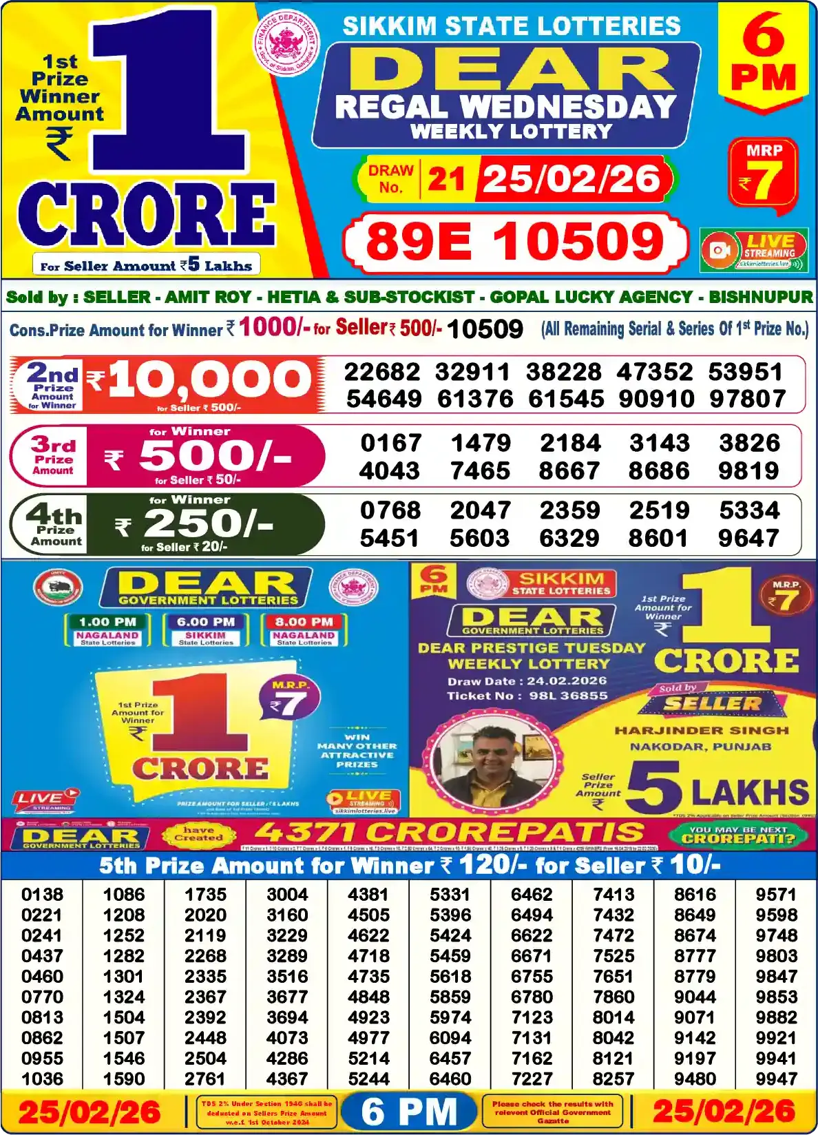 Sikkim State Dear Regal Wednesday lottery result 25.02.2026