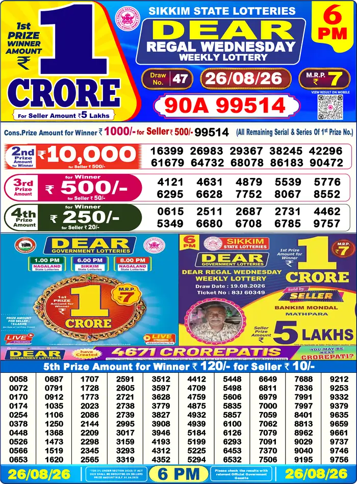 Sikkim State Dear Regal Wednesday lottery result 26.08.2026