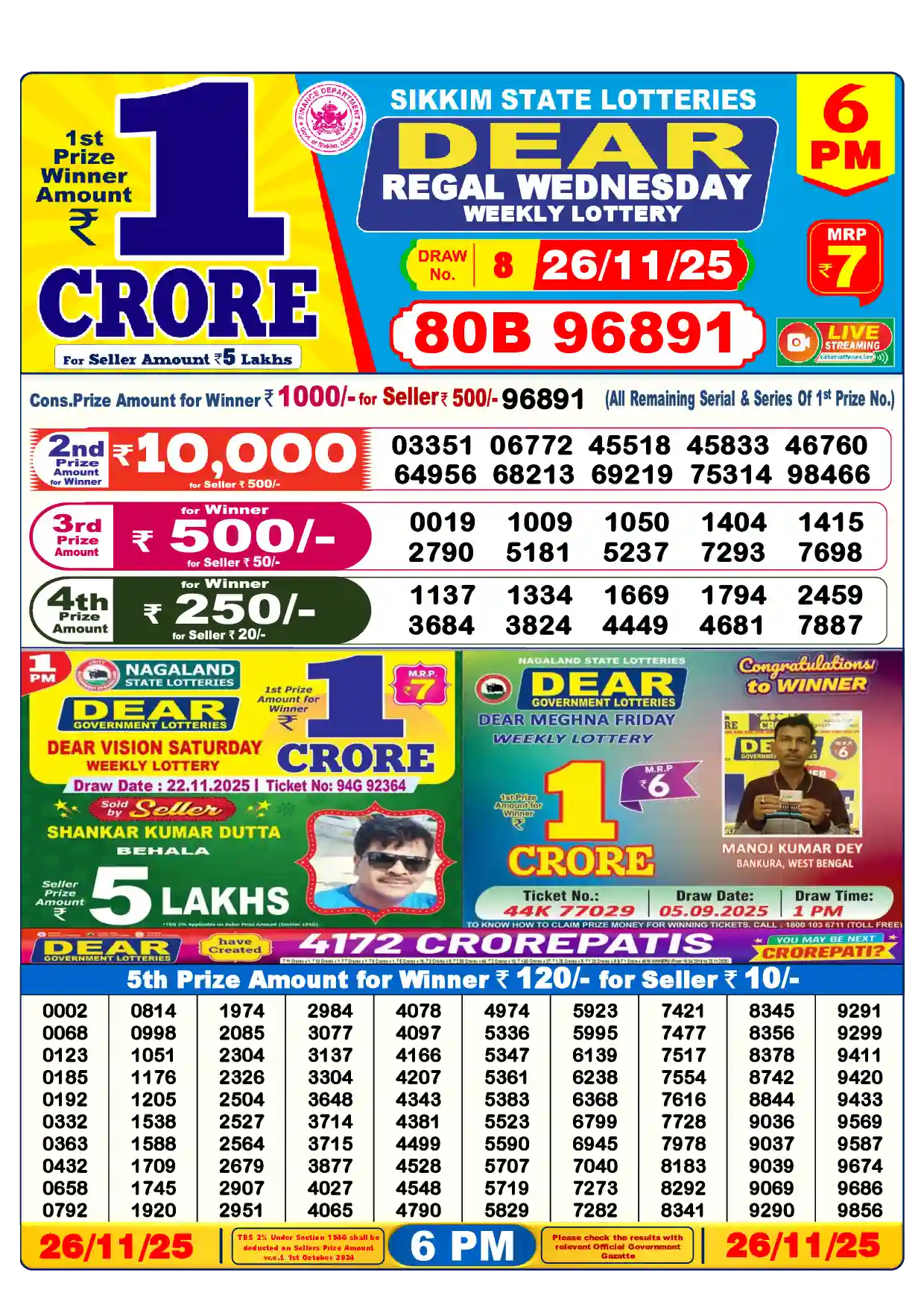 Sikkim State Dear Regal Wednesday lottery result 26.11.2025