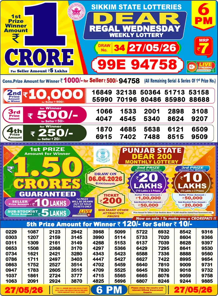 Sikkim State Dear Regal Wednesday lottery result 27.05.2026