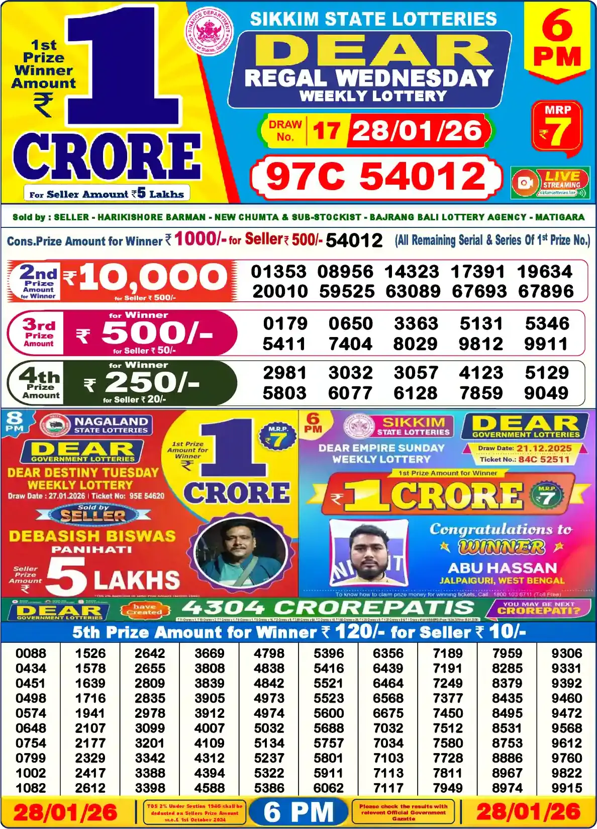 Sikkim State Dear Regal Wednesday lottery result 28.01.2026