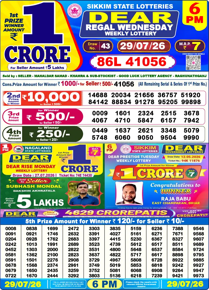 Sikkim State Dear Regal Wednesday lottery result 29.07.2026