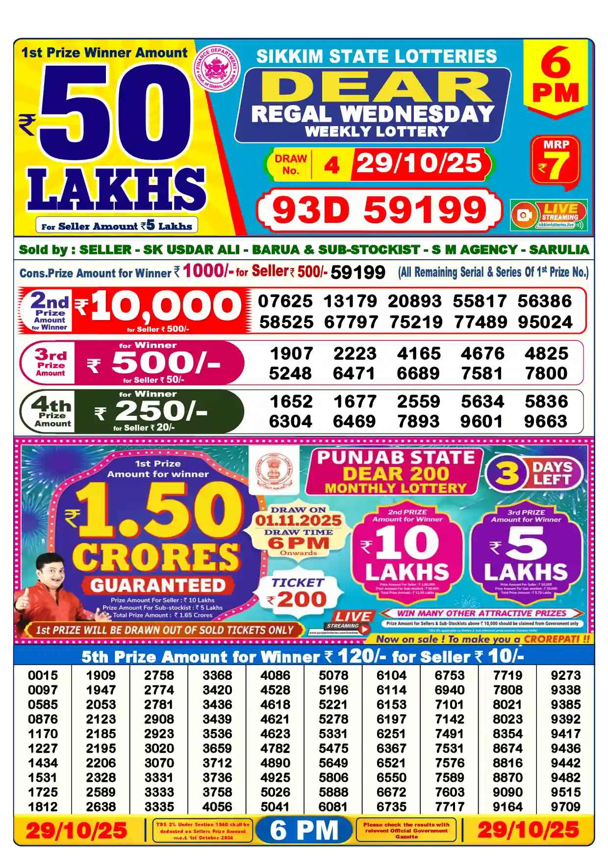 Sikkim State Dear Regal Wednesday lottery result 29.10.2025