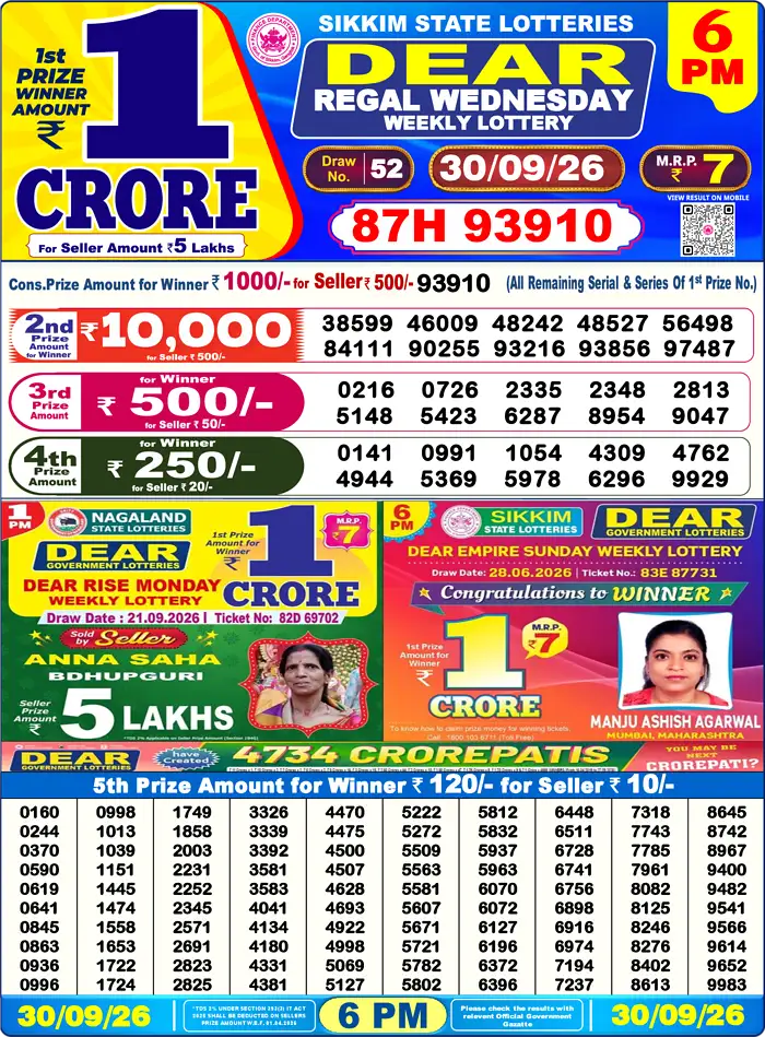 Sikkim State Dear Regal Wednesday lottery result 30.09.2026