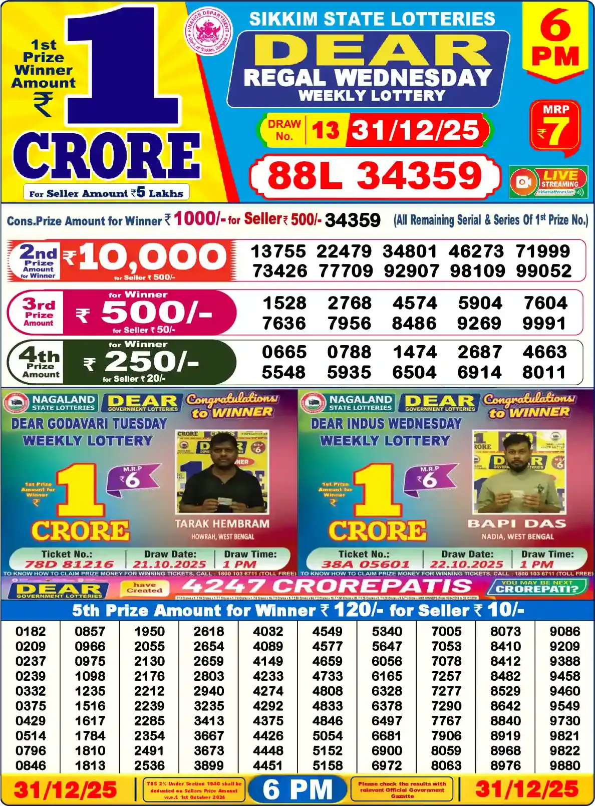 Sikkim State Dear Regal Wednesday lottery result 31.12.2025