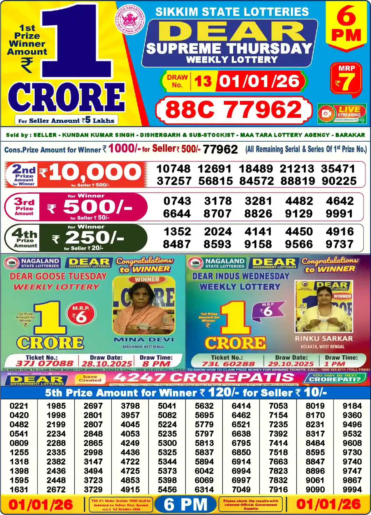 Sikkim State Dear Supreme Thursday lottery result 01.01.2026
