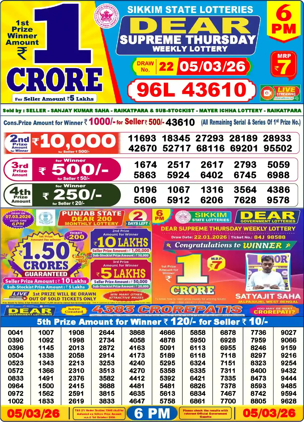 Sikkim State Dear Supreme Thursday lottery result 05.03.2026