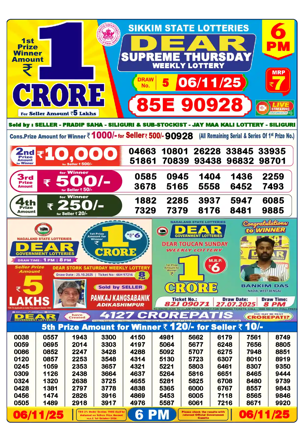Sikkim State Dear Supreme Thursday lottery result 06.11.2025