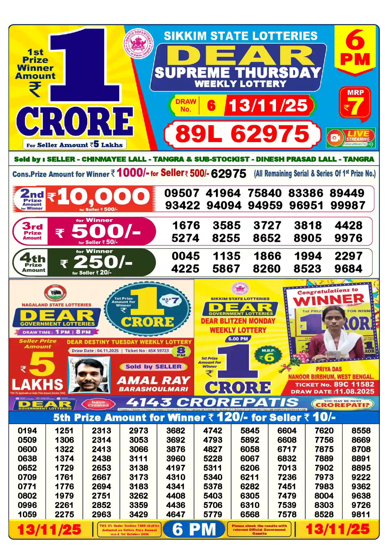 Sikkim State Dear Supreme Thursday lottery result 13.11.2025