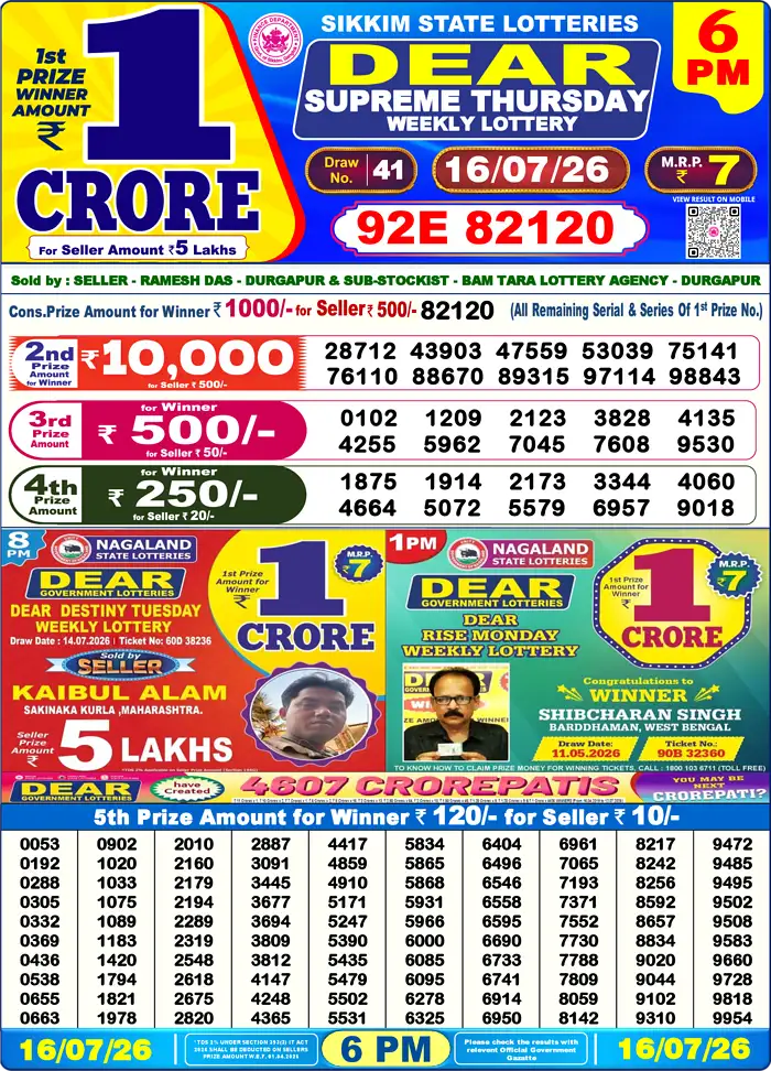 Sikkim State Dear Supreme Thursday lottery result 16.07.2026