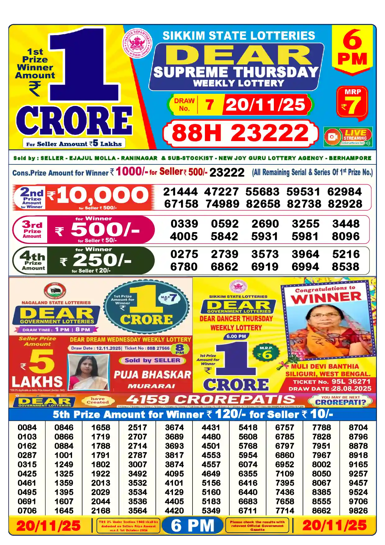 Sikkim State Dear Supreme Thursday lottery result 20.11.2025