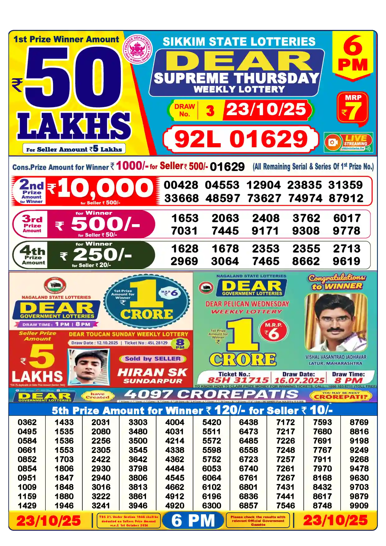 Sikkim State Dear Supreme Thursday lottery result 23.10.2025