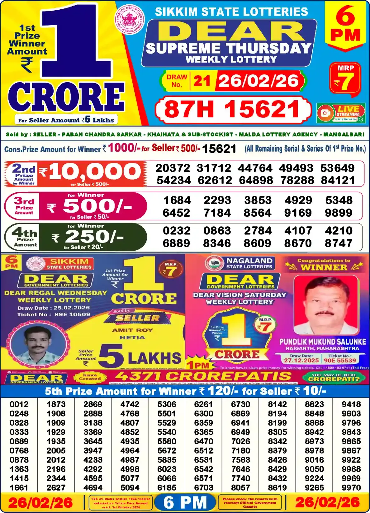 Sikkim State Dear Supreme Thursday lottery result 26.02.2026