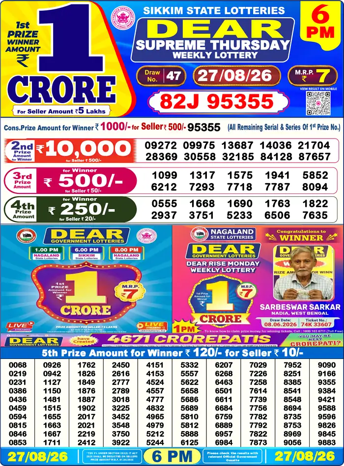 Sikkim State Dear Supreme Thursday lottery result 27.08.2026