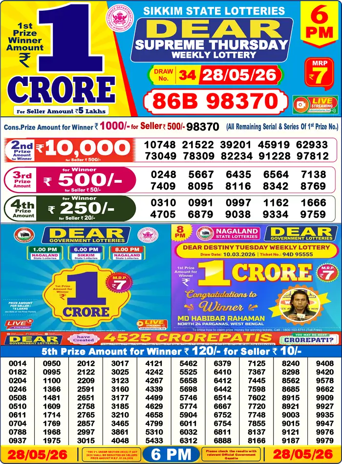 Sikkim State Dear Supreme Thursday lottery result 28.05.2026