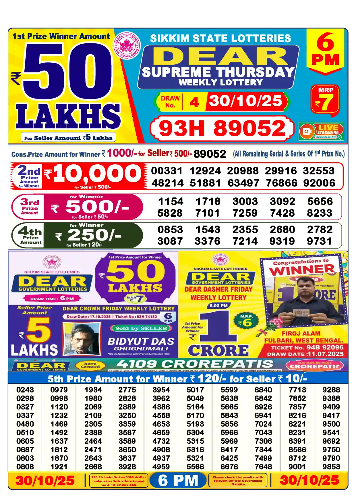 Sikkim State Dear Supreme Thursday lottery result 30.10.2025