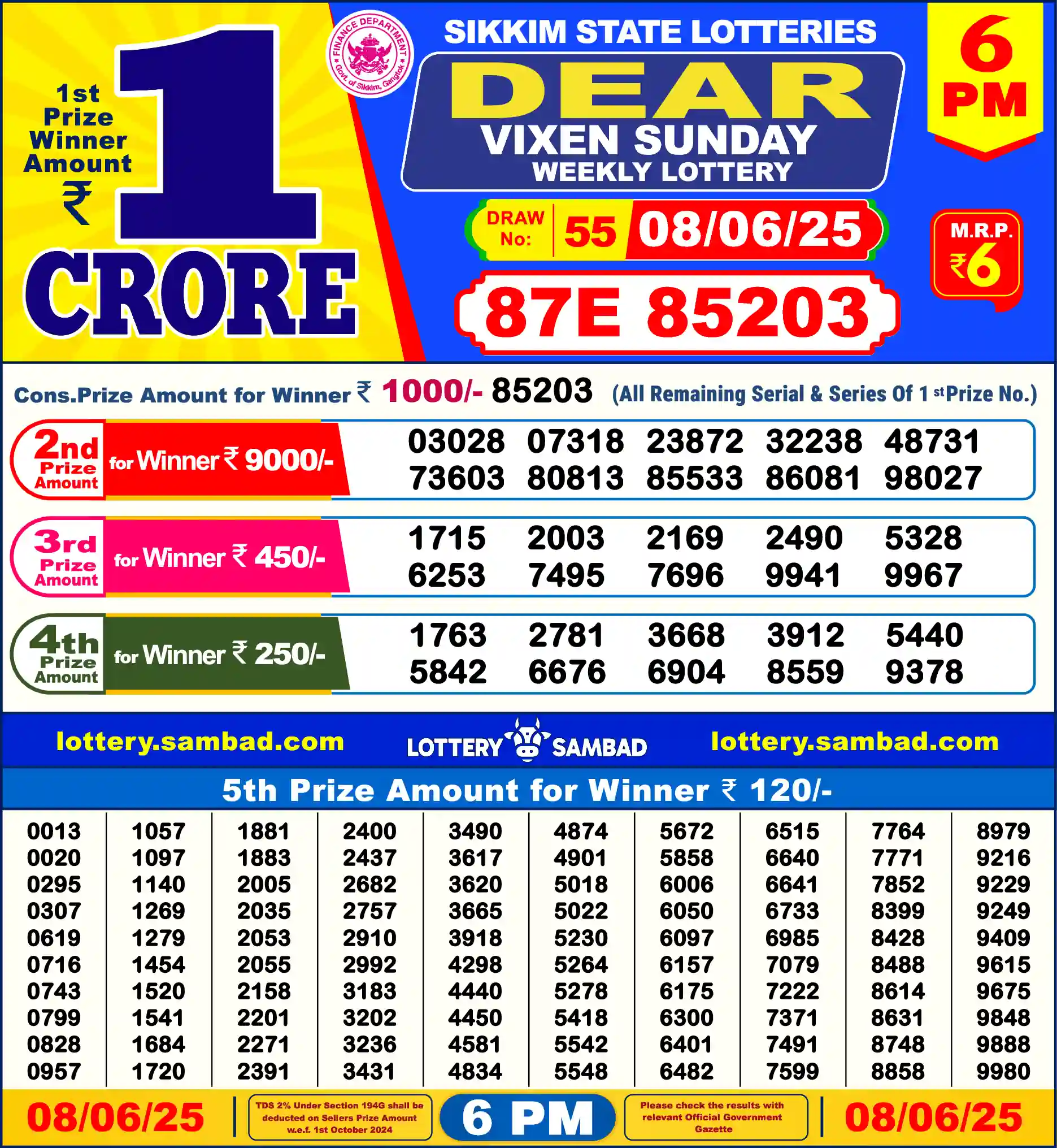 Sikkim State Dear Vixen Sunday lottery result 08.06.2025