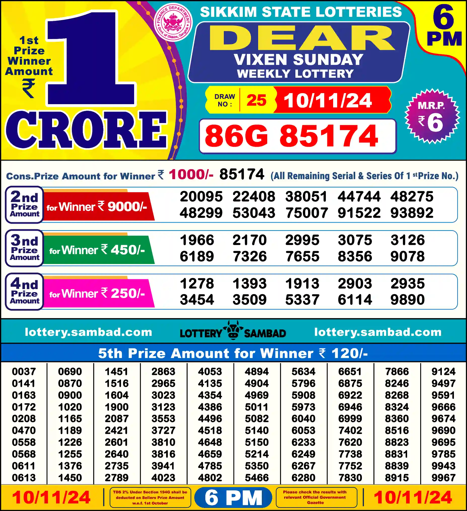 Sikkim State Dear Vixen Sunday lottery result 10.11.2024