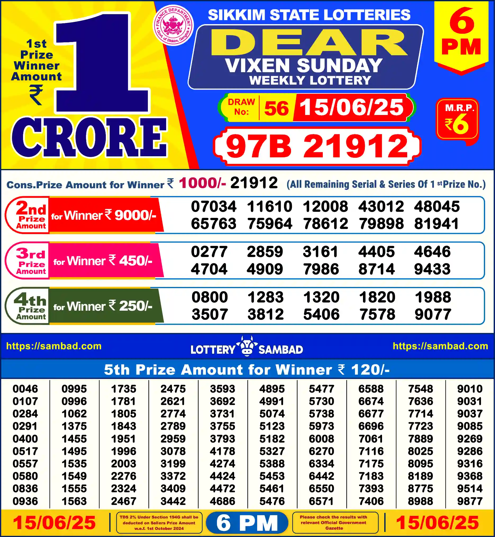 Sikkim State Dear Vixen Sunday lottery result 15.06.2025
